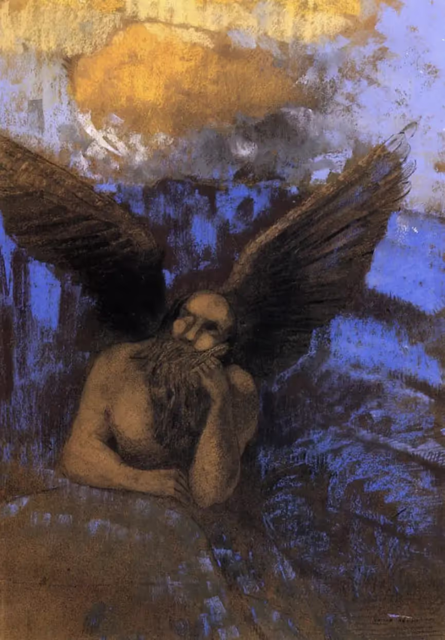 Odilon Redon, Ange déchu ou Le vieil ange, Fusain et Pastel, H, 51cm ; L, 36 cm, Musée du Petit Palais, Paris, France.