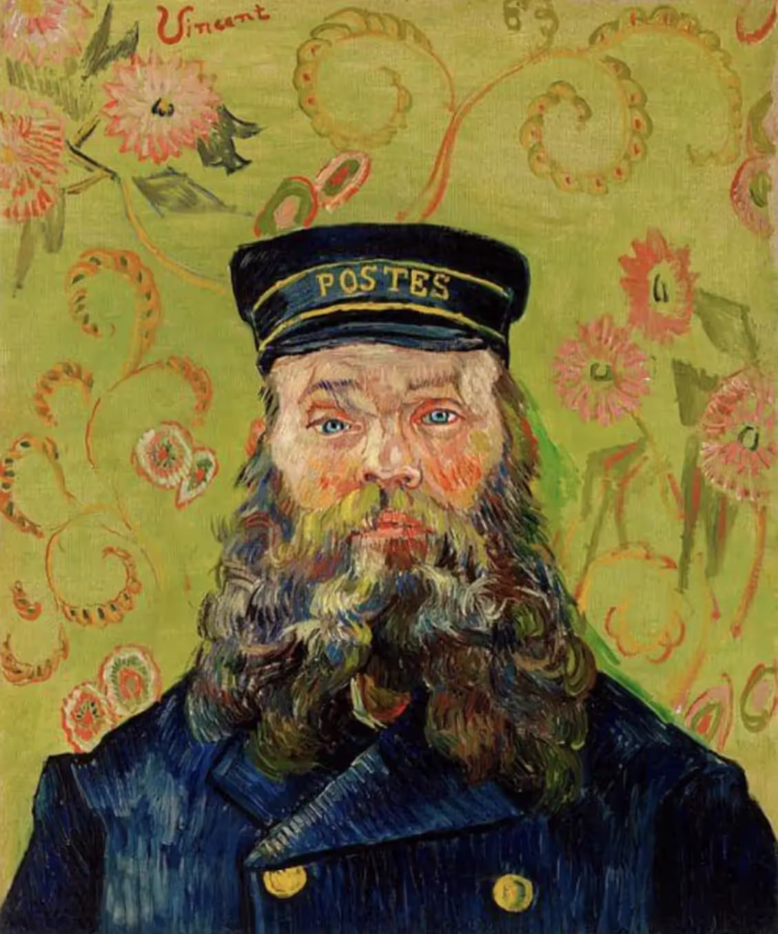 Le Facteur : fond fleuri, Arles décembre 1888, Huile sur toile, Merion, Barnes Foundation Gallery