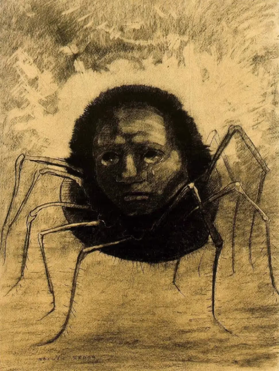 Odilon Redon, L’Araigné qui pleure, 1881, Fusain, H. 48 cm ; L. 36.5 cm, Collection privée.