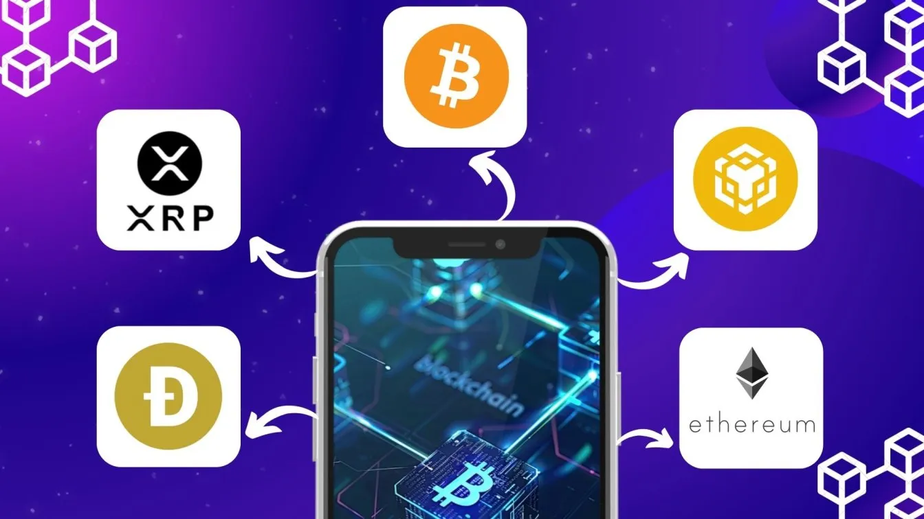 Logo of Bitcoin, Binance Coin, XRP, Dogecoin and Ethereum