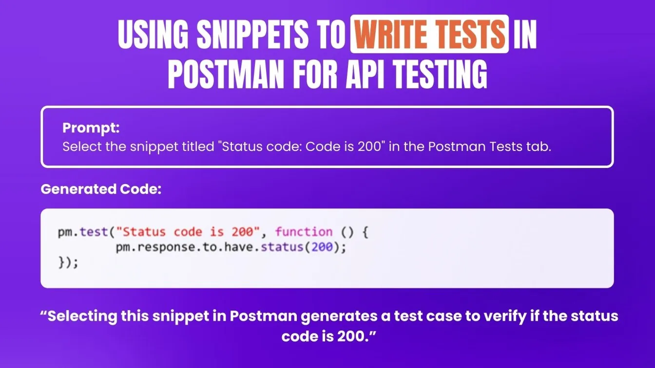  Using Snippets to Write Tests in Postman for API testing.