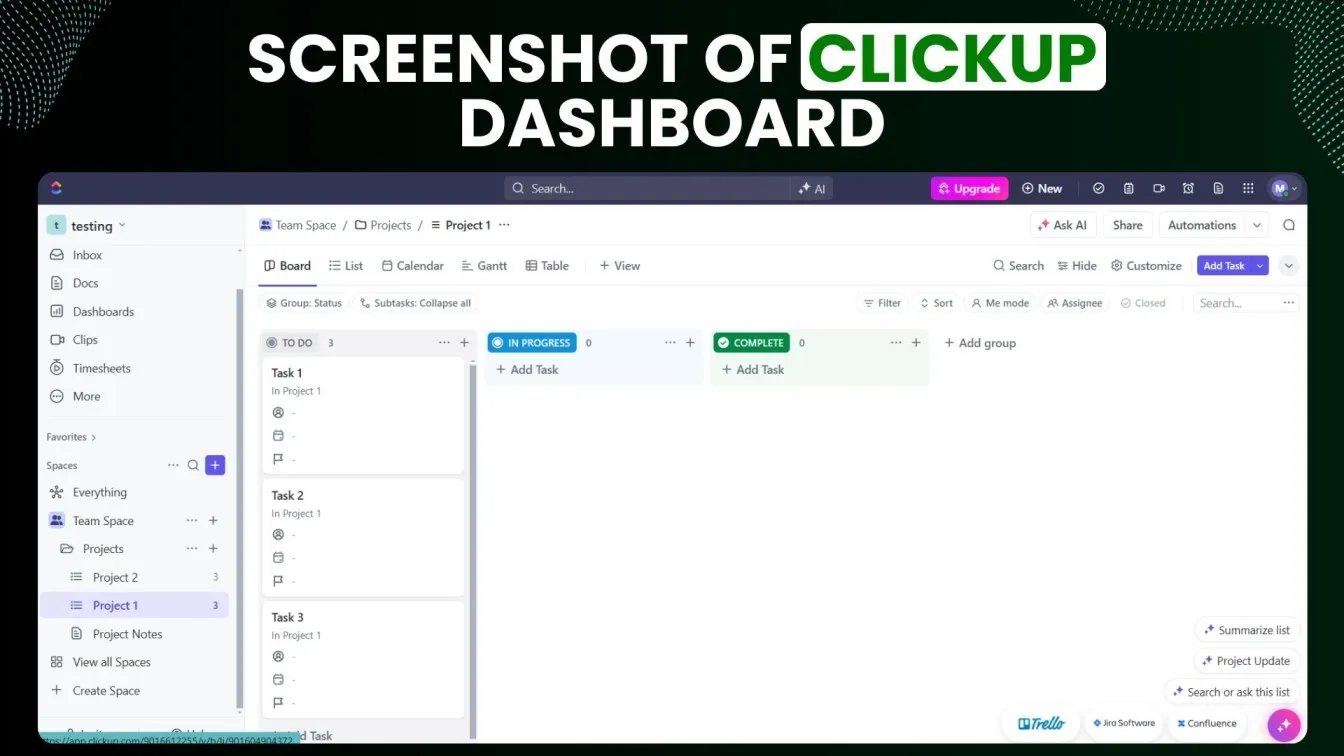 Screenshot of ClickUp Dashboard