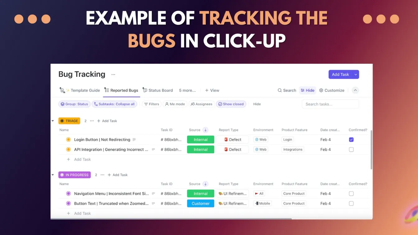 Tracking the bugs in click-up