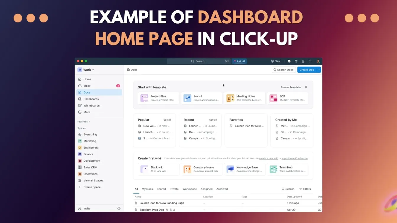 Dashboard Home Page in click-up