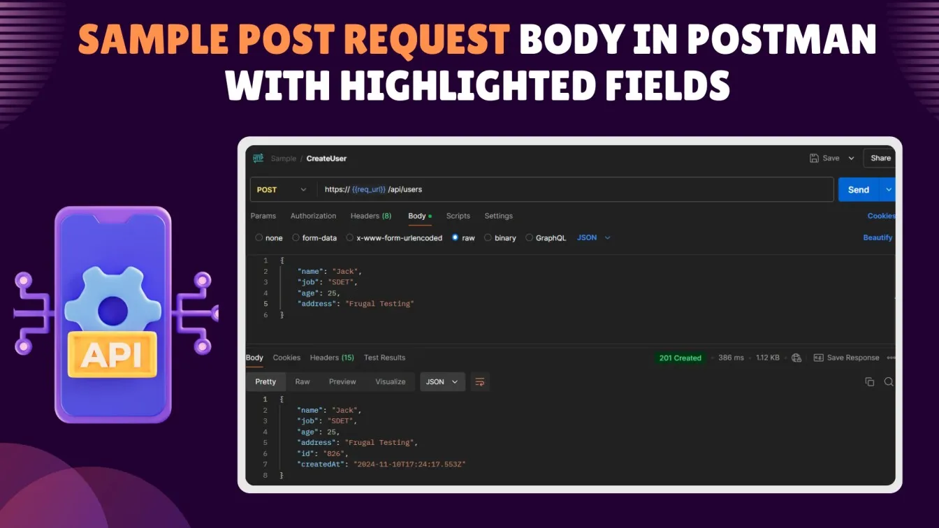Sample POST Request Body in Postman with highlighted fields
