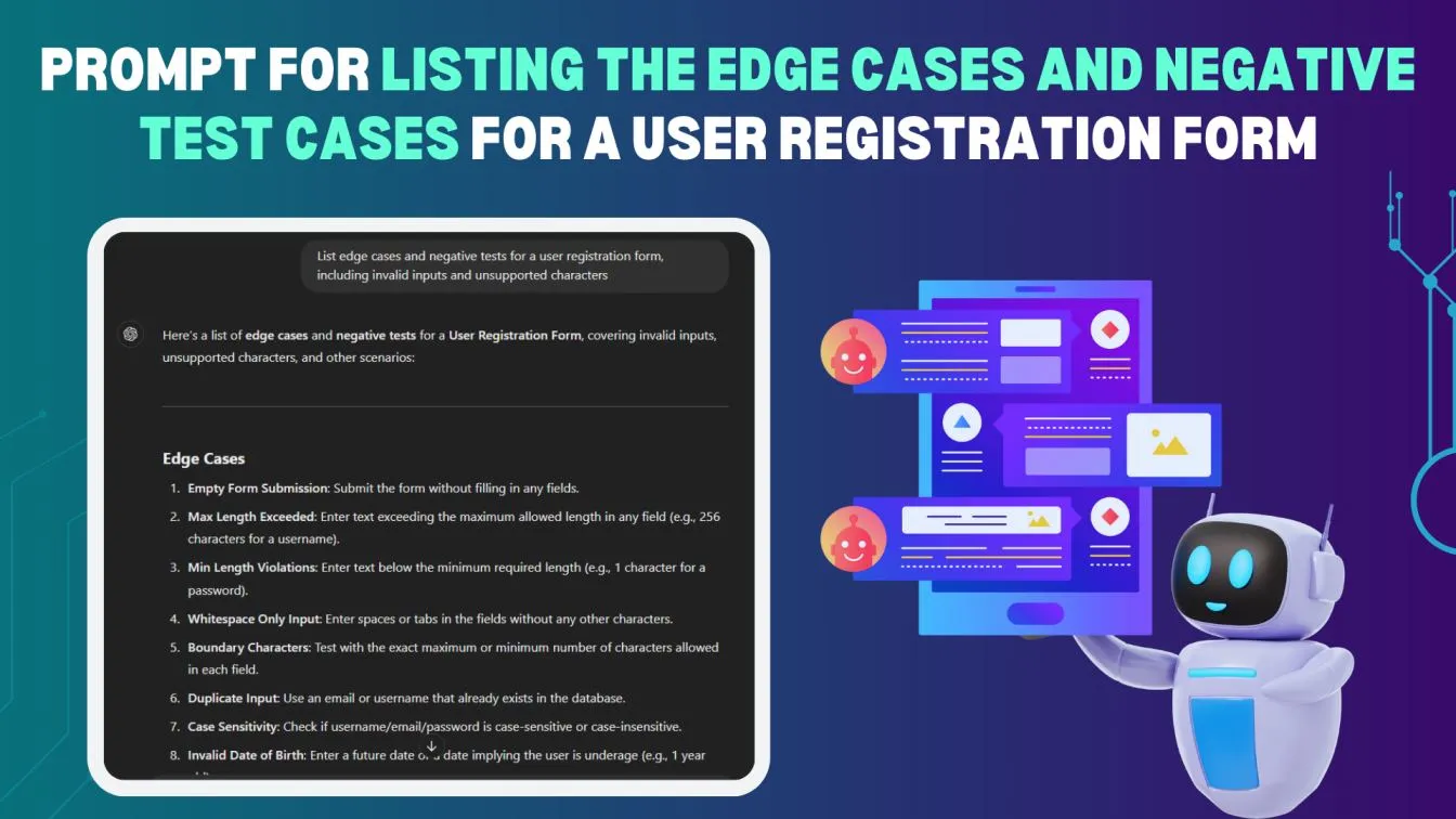 Prompt for listing the edge cases and negative test cases for a user registration form