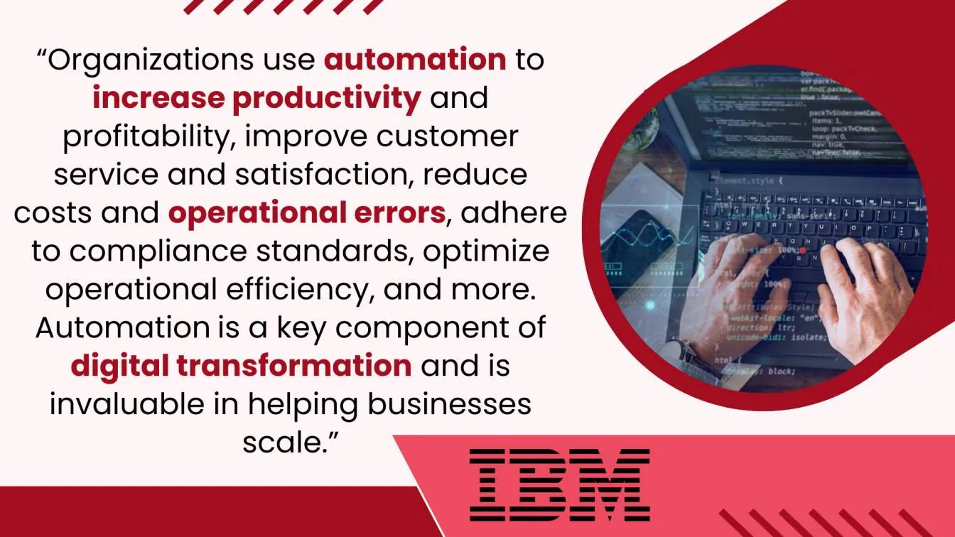 Organizations use automation to increase productivity and profitability, improve customer service and satisfaction, reduce costs and operational errors, adhere to compliance standards, optimize operational efficiency, and more. Automation is a key component of digital transformation and is invaluable in helping businesses scale.