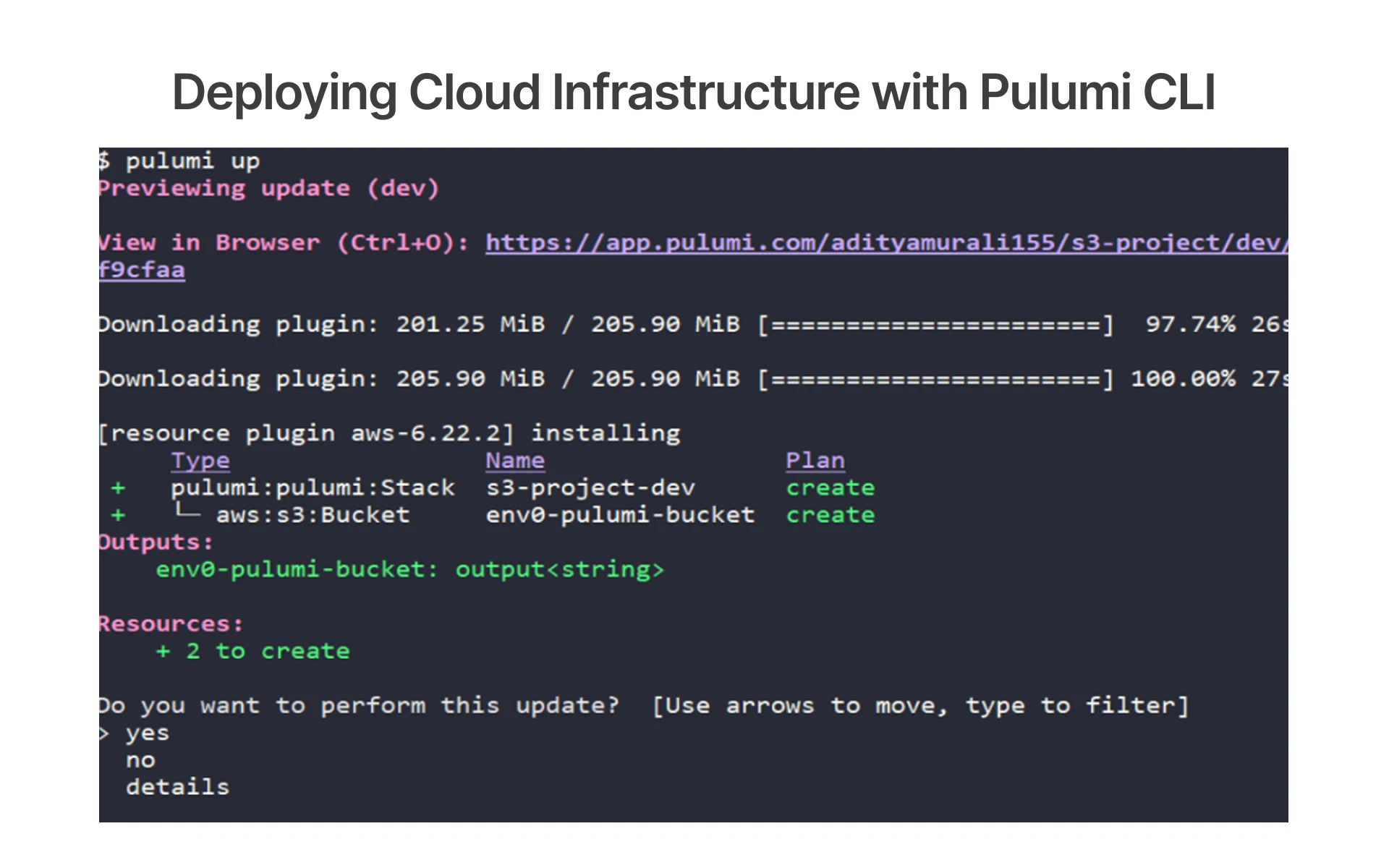 Pulumi CLI deploying cloud infrastructure with pulumi up command, AWS plugin installation, stack preview, and S3 bucket creation.