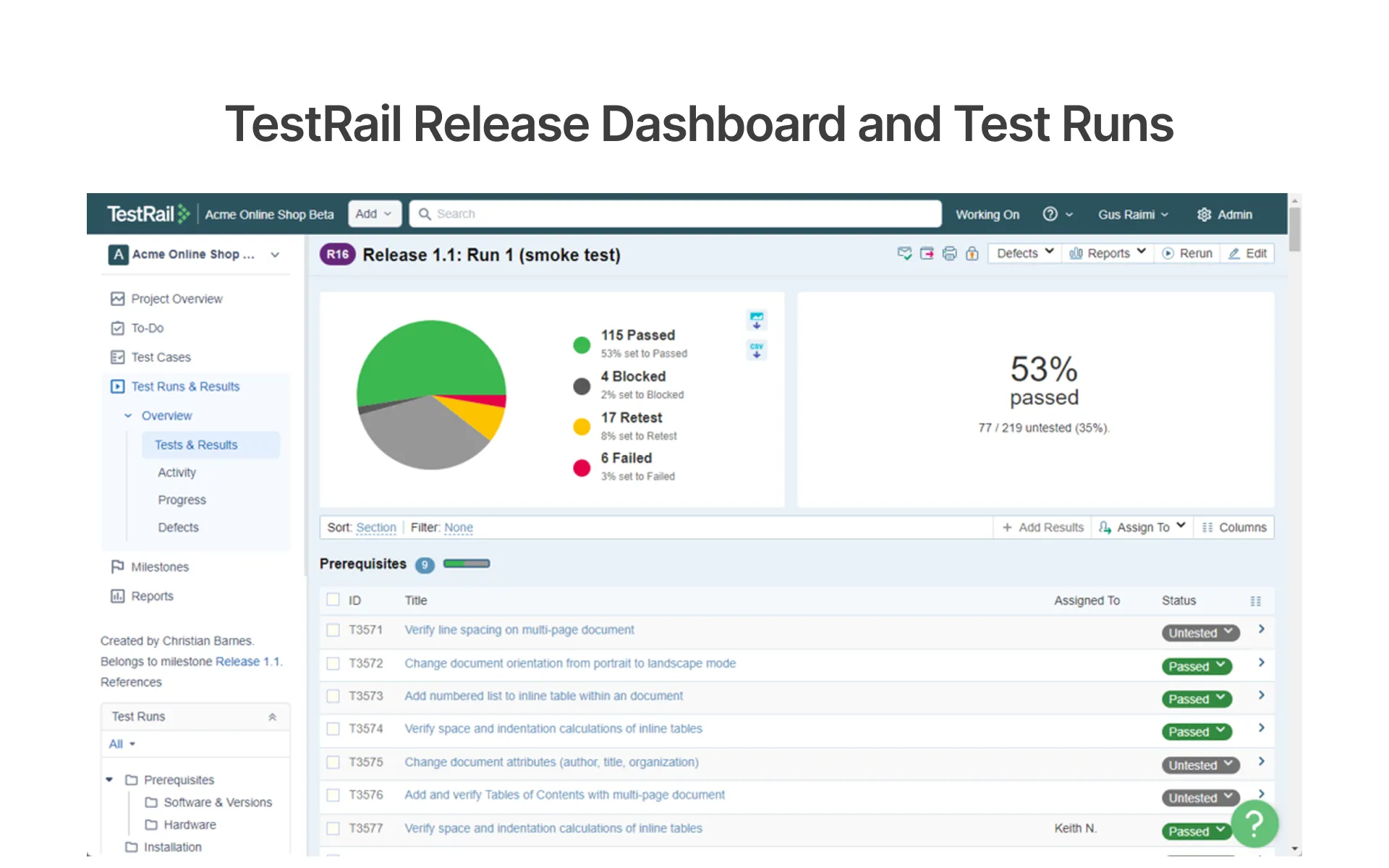 TestRail Release Dashboard and Test Runs