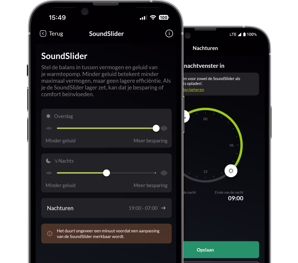Telefoon met de Quatt Home-app waar je de controlle hebt over het geluid van de warmtepomp