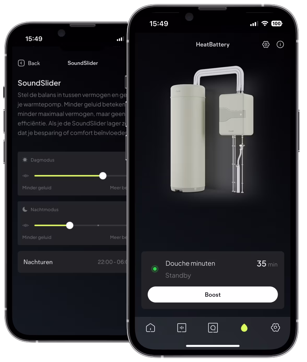 Twee voorbeeld schermen van de app; Soundslider en Boost functie van de All-Electric