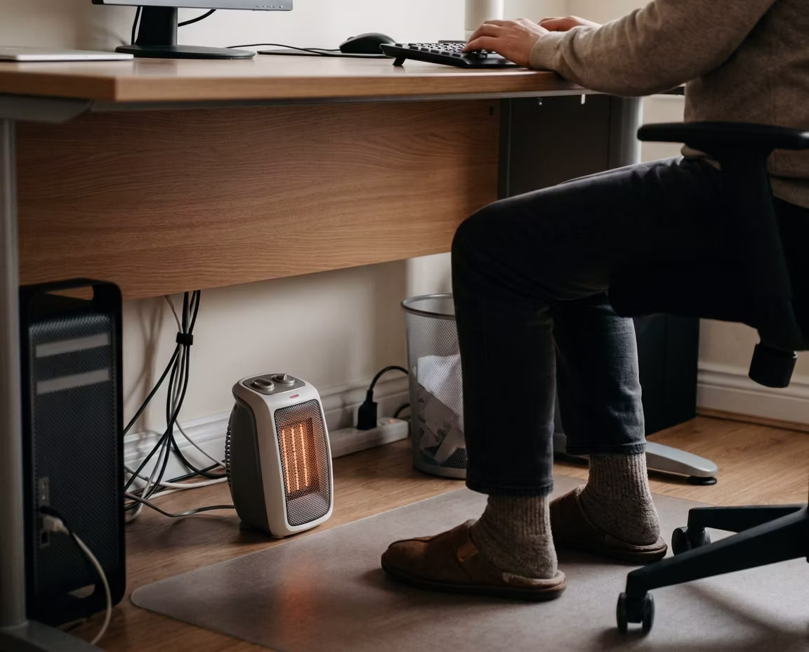 Elektrisch kacheltje onder een bureau, naast de voeten van iemand die werkt.