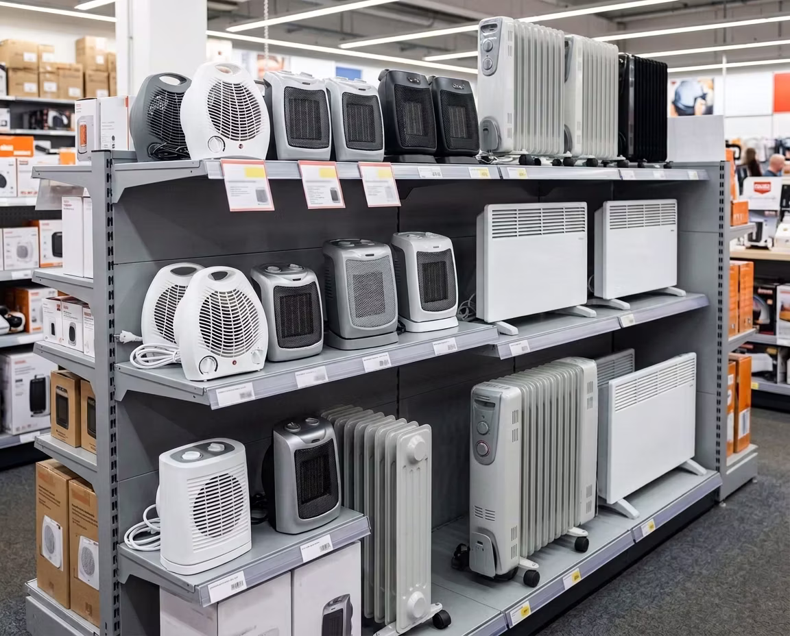 Een schap in een winkel met een grote keuze aan elektrische kachels.