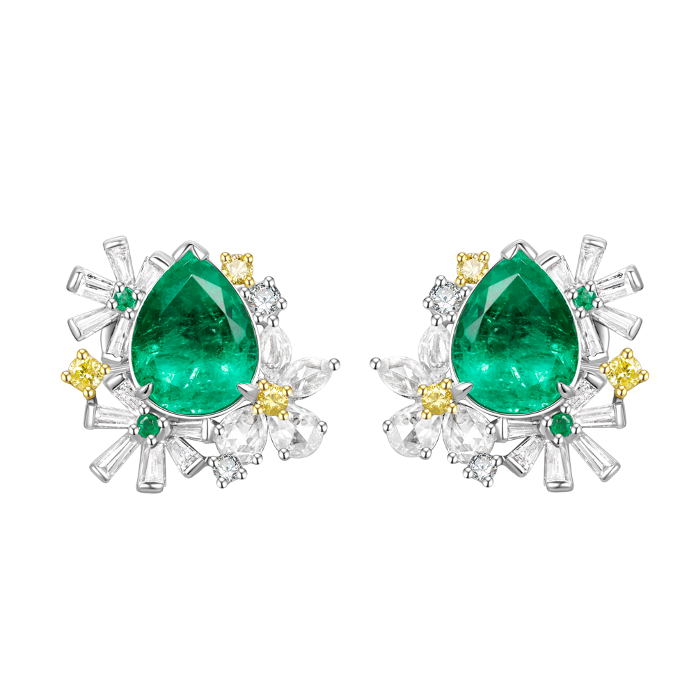 18K White Gold Rose Collection Emerald and Diamond Earrings - Rose Collection - Dejade Jewellery