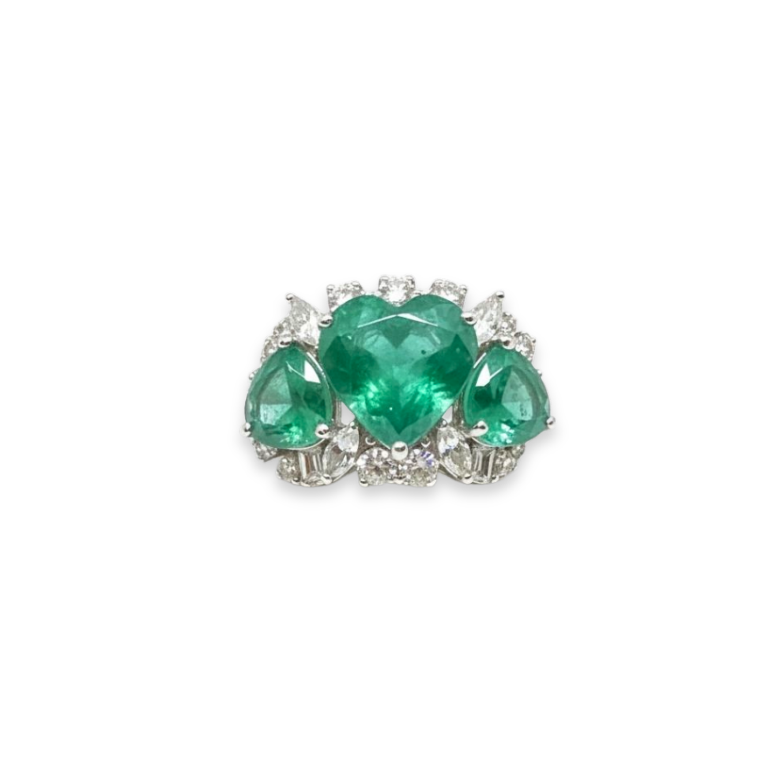 Accompanied by a GIA certificate stating the main stone is a heart-shaped emerald of Zambian origin, with minor clarity enhancement.