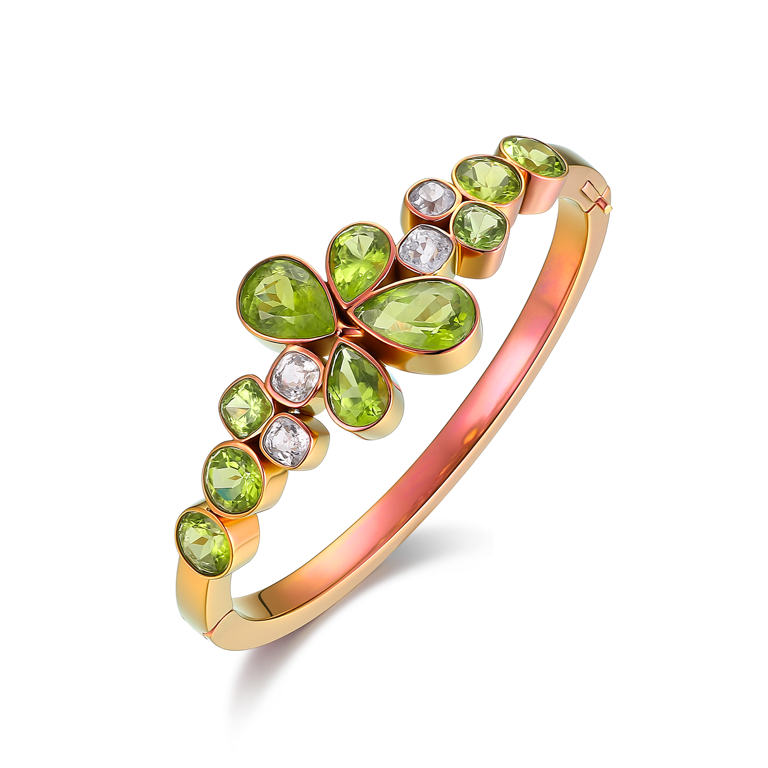 KATHERINE COLLECTION: A TITANIUM, PERIDOT AND SAPPHIRE BANGLE Designed as a stylised blossom and foliage motif, pavé-set and bezel-set with pear-shaped, oval and circular-cut peridots weighing approximately 16.47 carats in total, accented by circular-cut sapphires weighing approximately 2.26 carats in total, mounted in titanium.