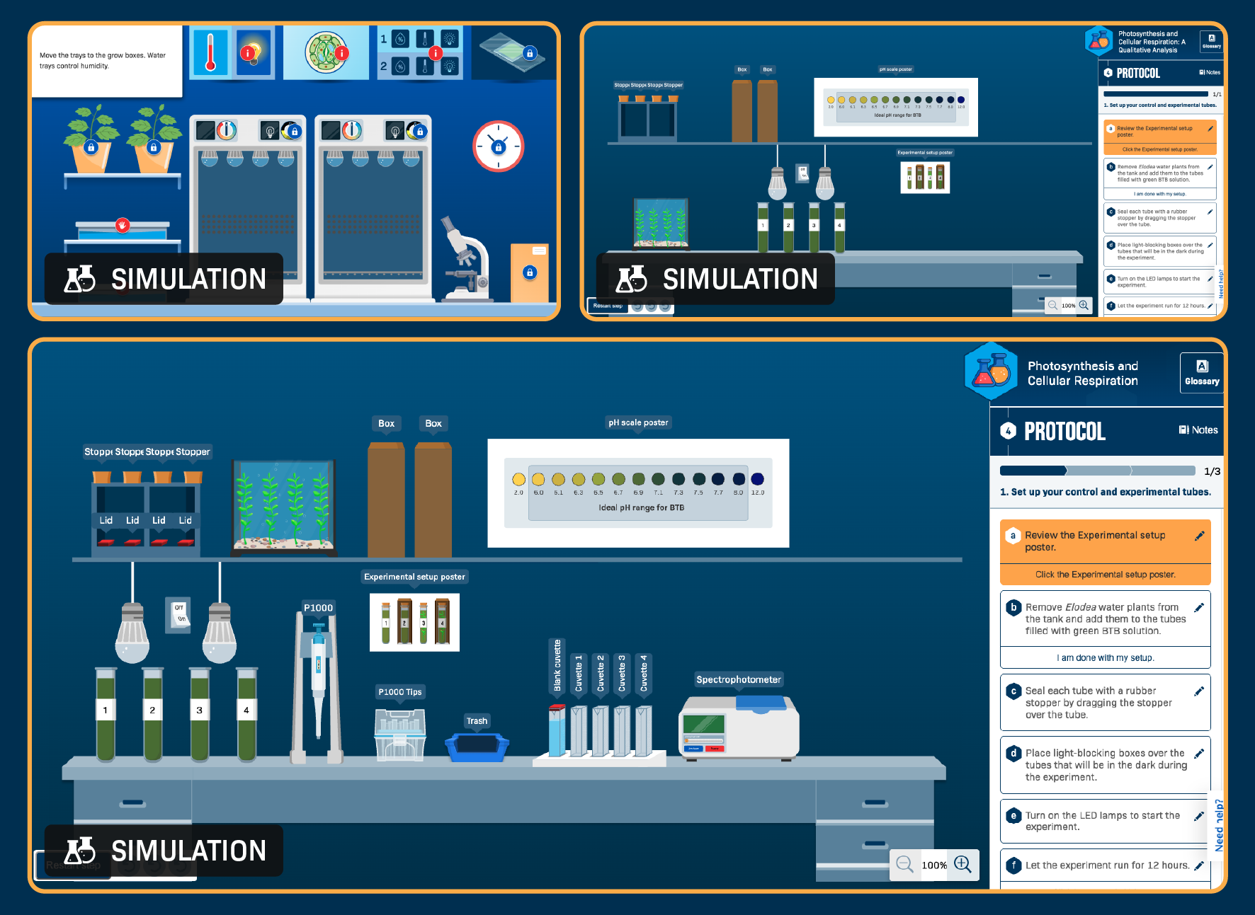 Three simulation interfaces related to photosynthesis and cellular respiration, showing lab setups of increasing complexity. The simplest setup features plants and growth chambers, while the others add progressively more laboratory equipment, materials, and experimental controls.