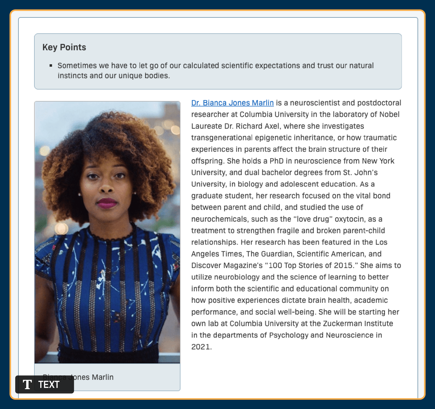 A text resource featuring a portrait and profile of neuroscientist Bianca Jones Marlin, describing her research on epigenetic inheritance, trauma, and parent-child relationships.