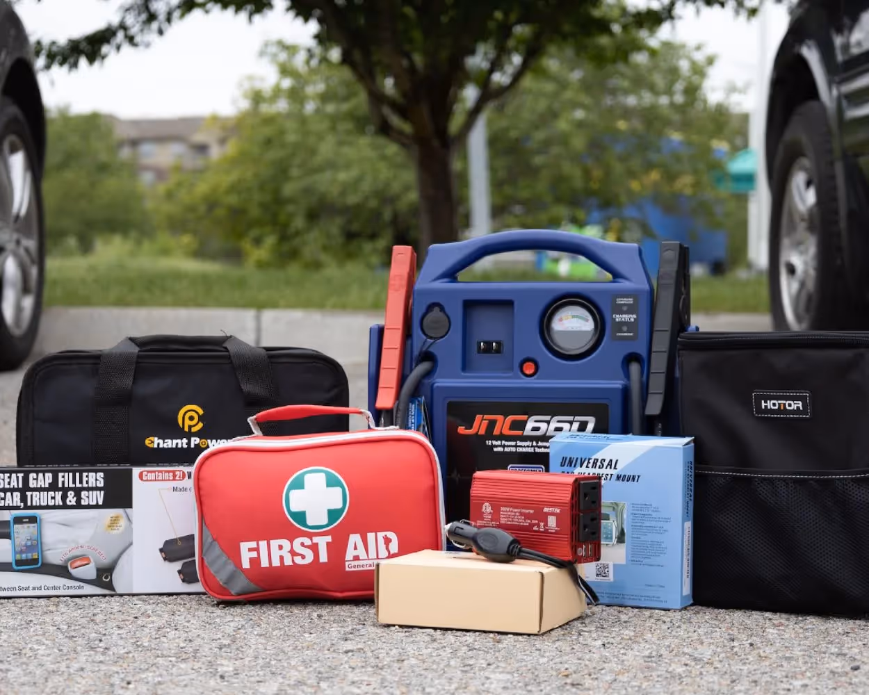 All reviewed road trip car essentials items pictured together