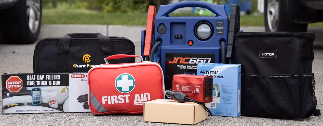 All reviewed road trip car essentials items pictured together