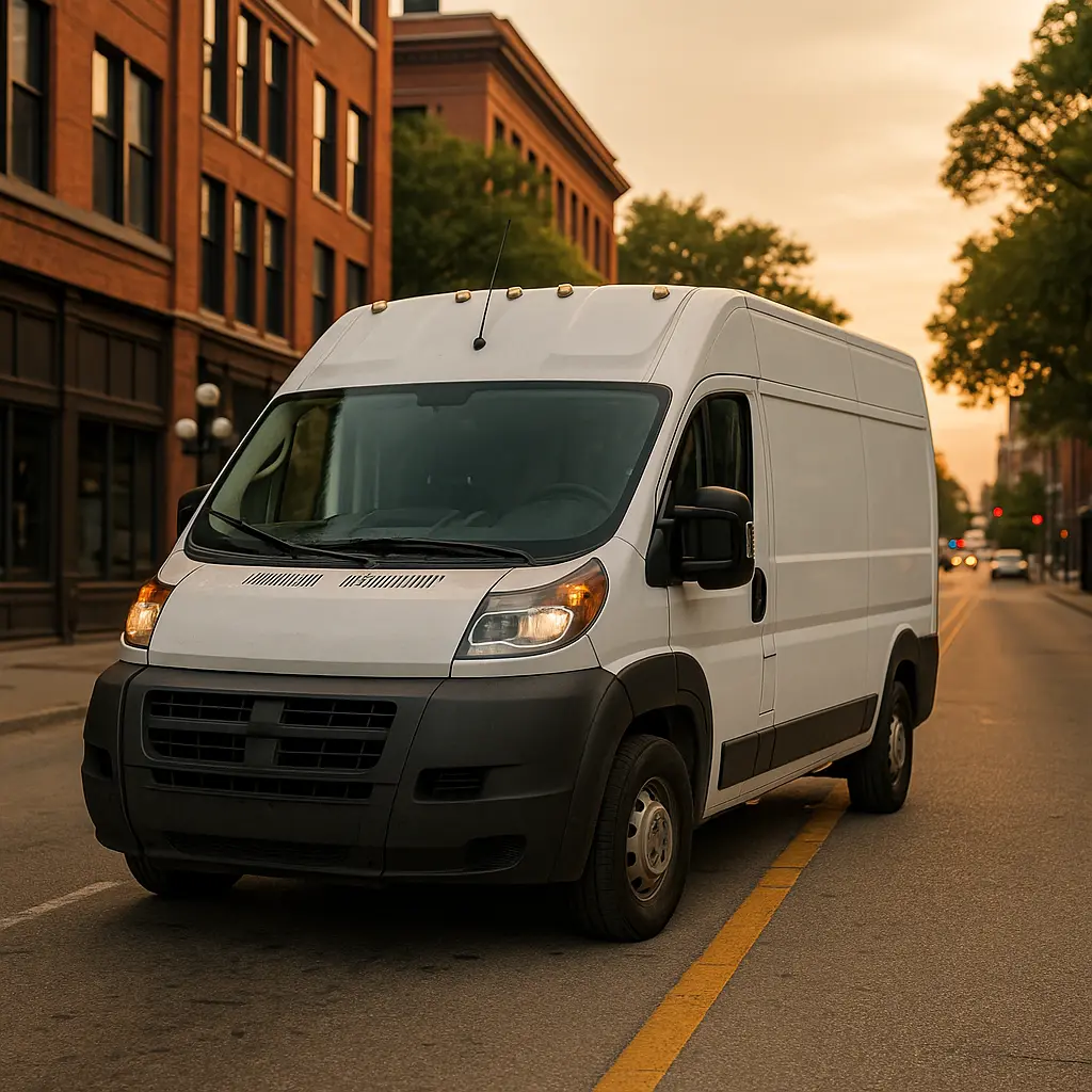 2014 Ram ProMaster 1500 parked on street in Omaha after comprehensive cooling system repair to fix complete AC failure and overheating issues