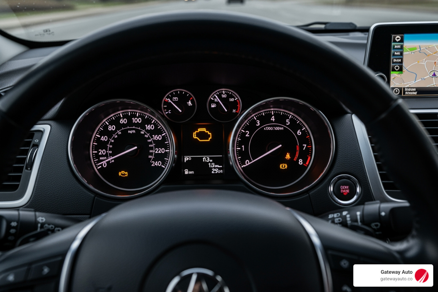 car's dashboard with the check engine light illuminated - Auto Repair Omaha