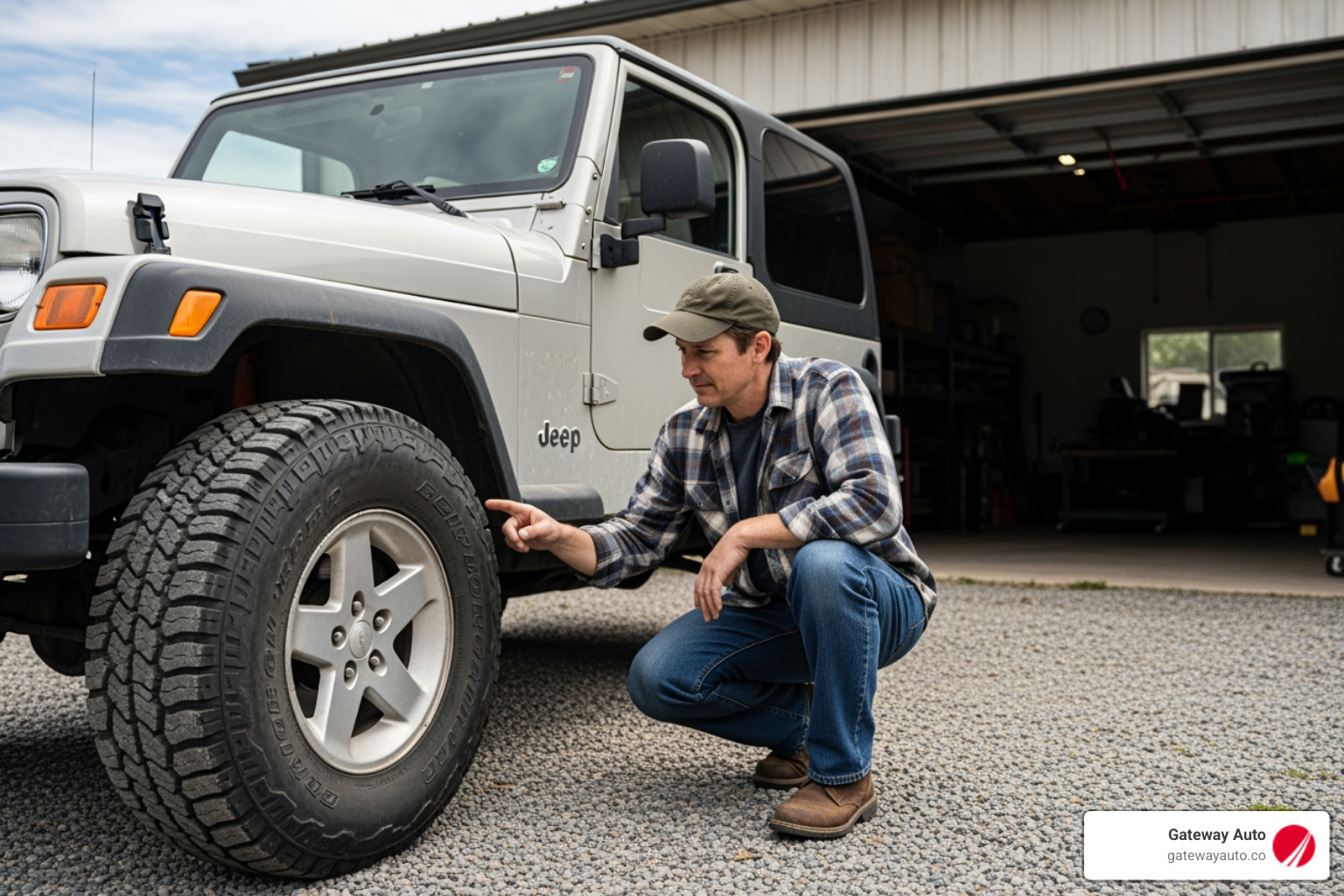 person inspecting a used Jeep Wrangler's tires - used jeep wranglers for sale in omaha ne person inspecting a used Jeep Wrangler's tires - used jeep wranglers for sale in omaha ne