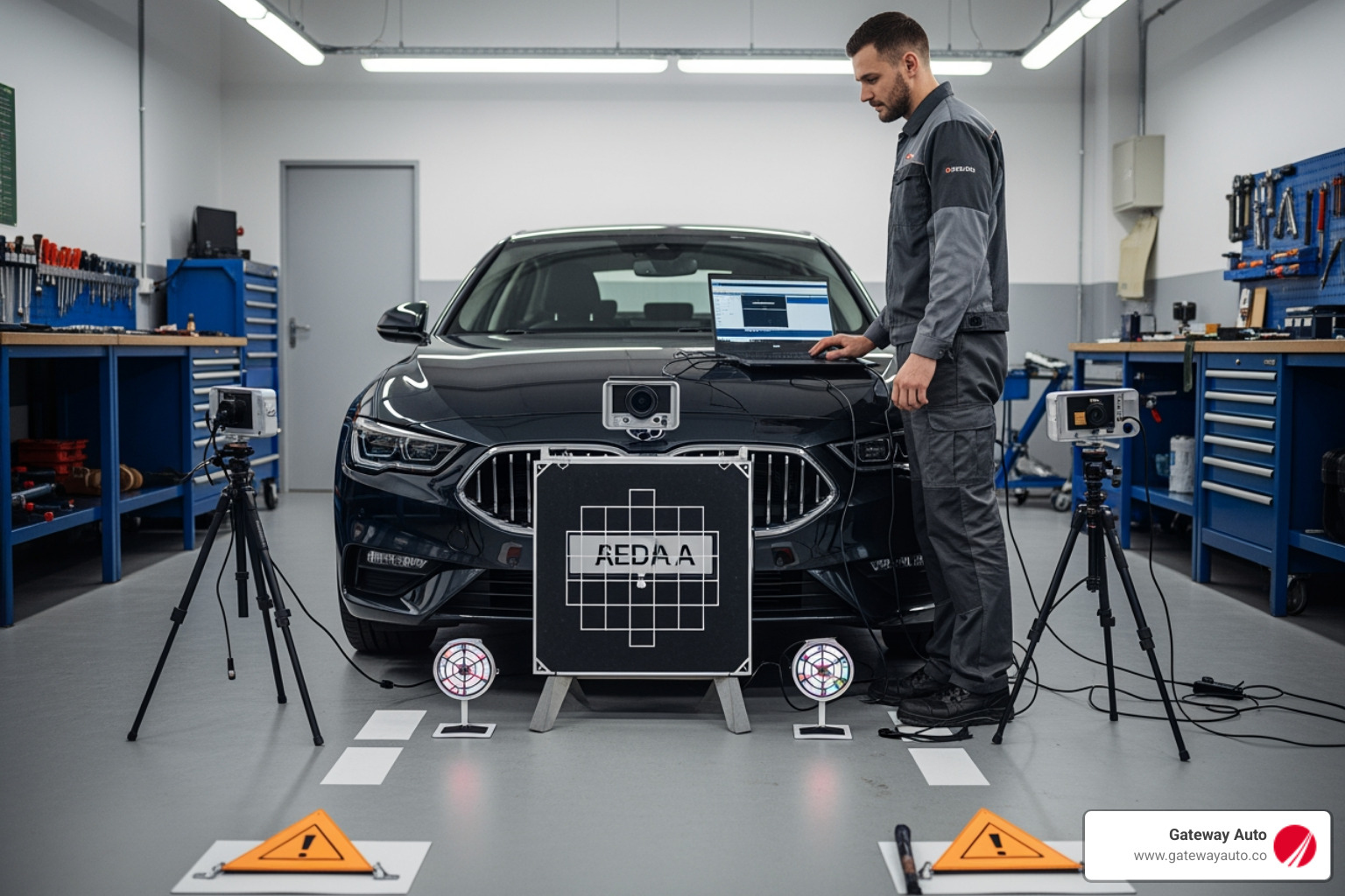 A technician performing ADAS calibration on a vehicle - insurance collision center A technician performing ADAS calibration on a vehicle - insurance collision center