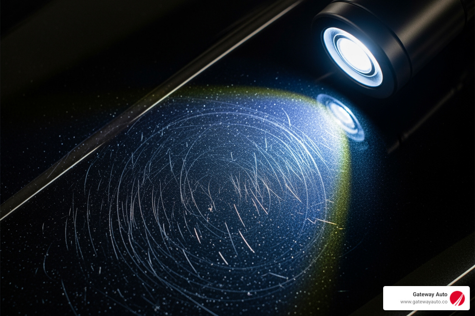 common paint defects like swirl marks and oxidation under a swirl-finder light - paint correction omaha