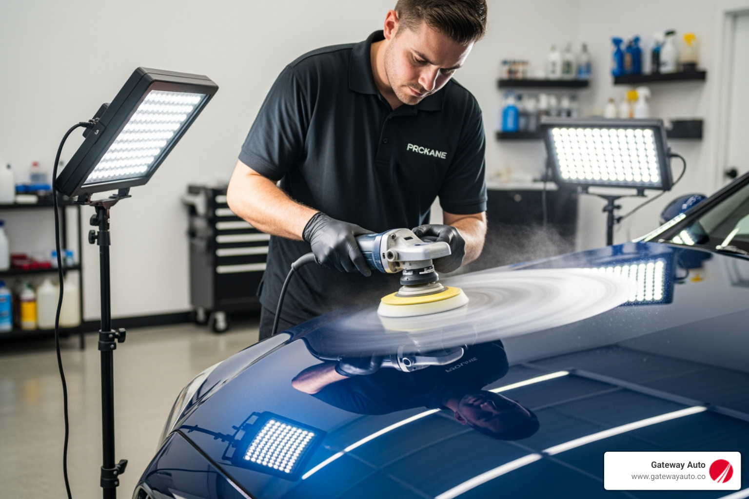 technician using a polisher and specialized lighting in a clean detailing bay - paint correction omaha