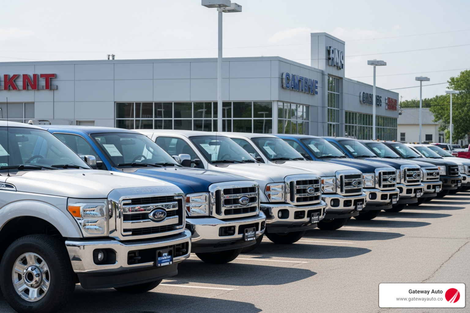 lineup of used Ford F-250 trucks at Gateway Auto dealership - ford f250 for sale omaha