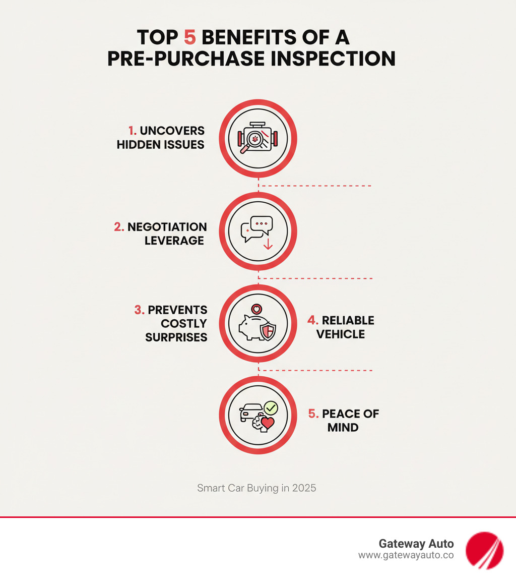 Infographic showing the top 5 benefits of getting a pre-purchase inspection: 1. Uncovers hidden mechanical and safety issues before you buy, 2. Provides negotiation leverage to lower the price or request repairs, 3. Prevents costly surprises by identifying future repair needs, 4. Ensures you're buying a reliable vehicle not a lemon, 5. Gives you peace of mind and confidence in your purchase decision - Omaha pre purchase inspection infographic 