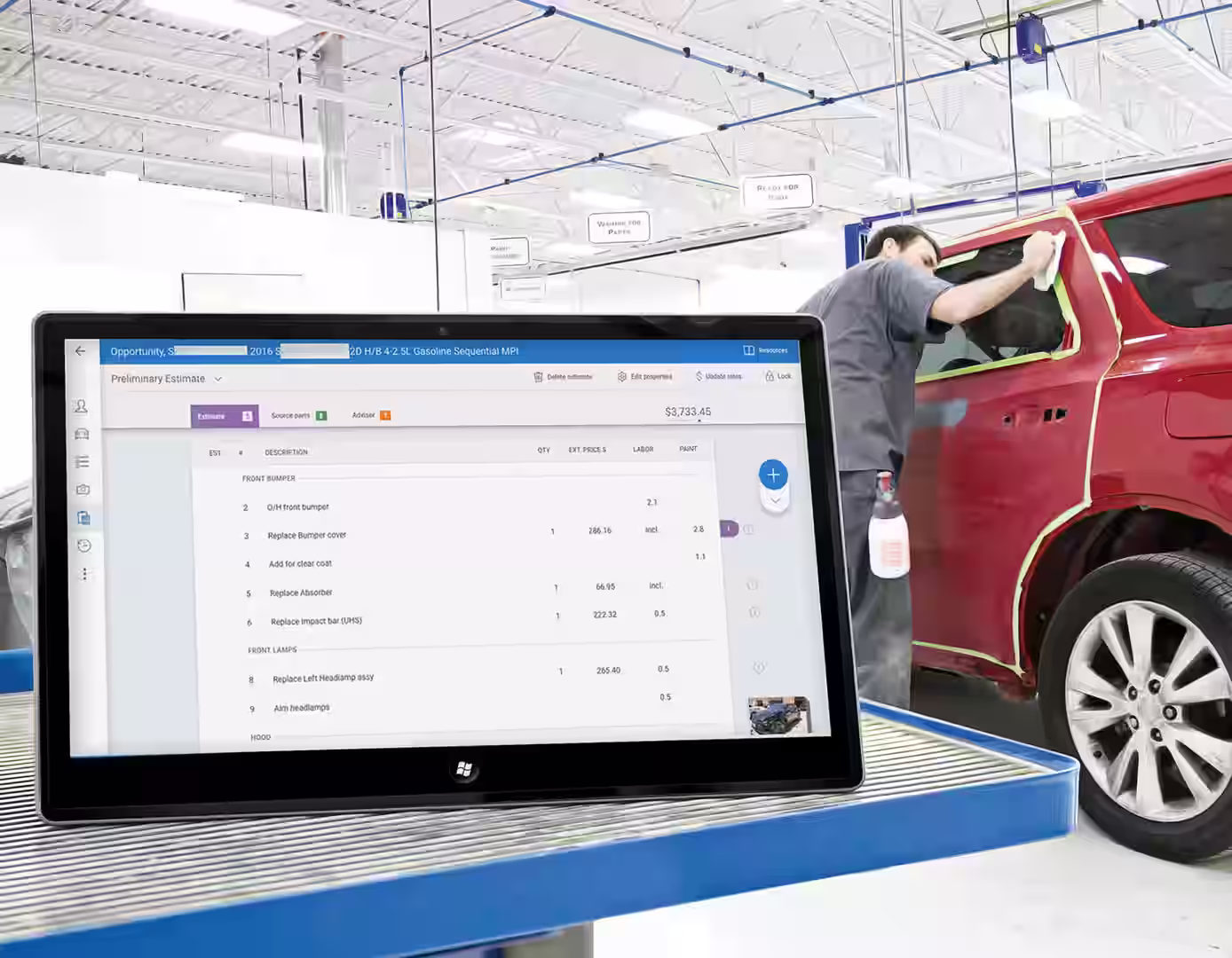 technician using a tablet to assess damage on a modern car with visible sensors - affordable collision repair technician using a tablet to assess damage on a modern car with visible sensors - affordable collision repair