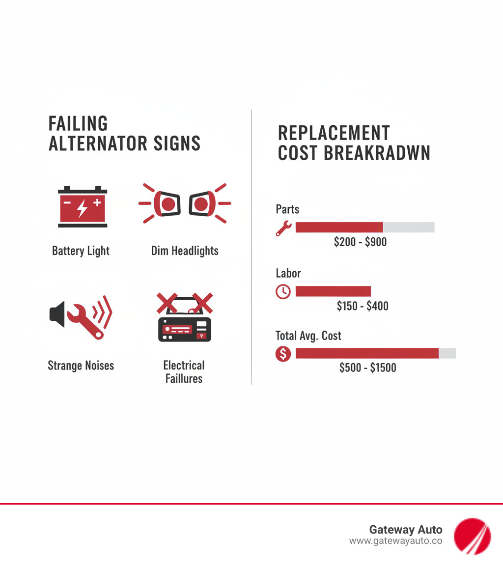 Infographic showing key signs of a failing alternator including battery warning light, dim headlights, strange noises, and electrical failures, alongside a cost breakdown showing parts ranging from $200-$900 and labor from $150-$400 for a total average cost of $500-$1,500 - Alternator replacement cost infographic 