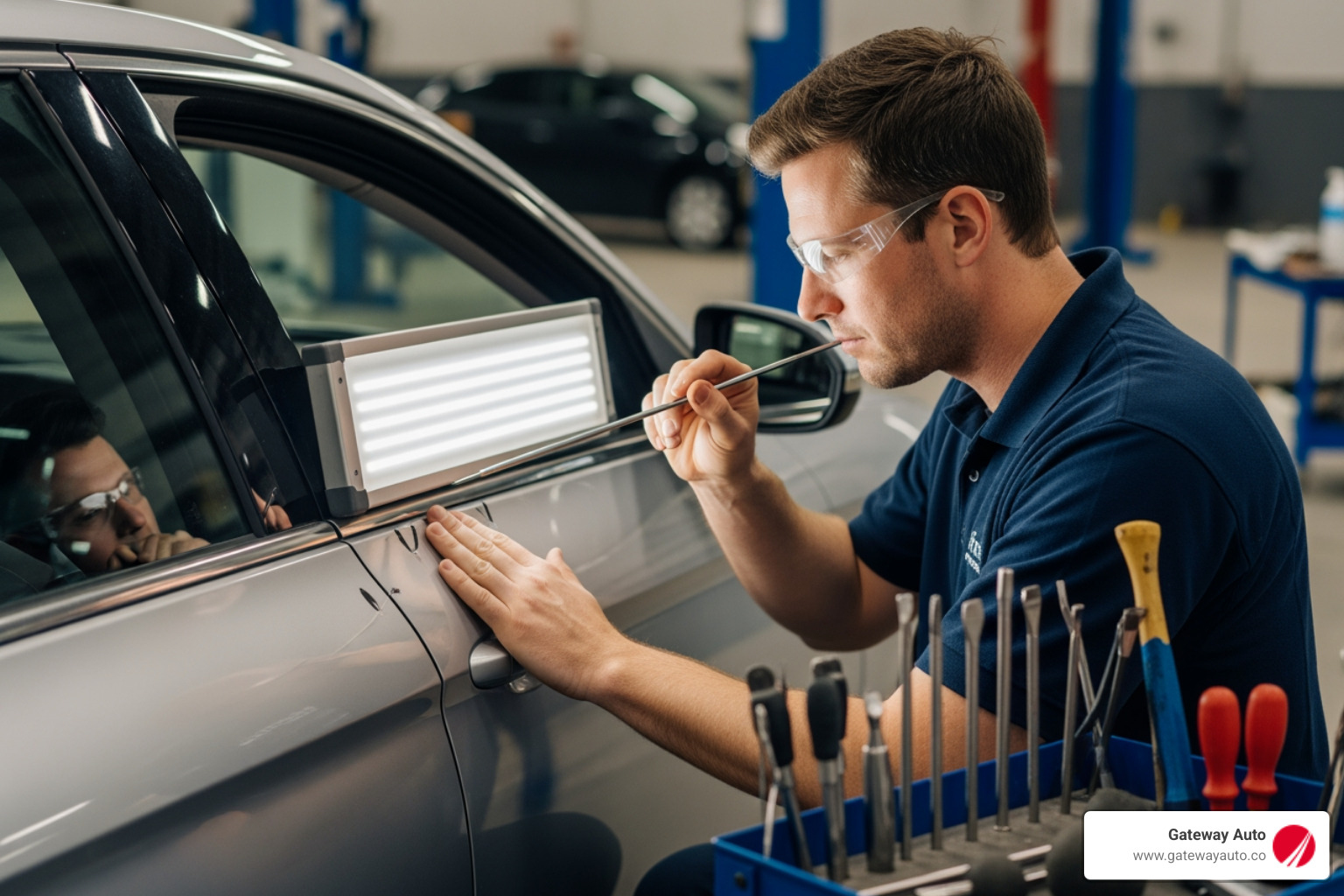 PDR technician using specialized lighting and tools on a car door - paintless dent repair omaha ne