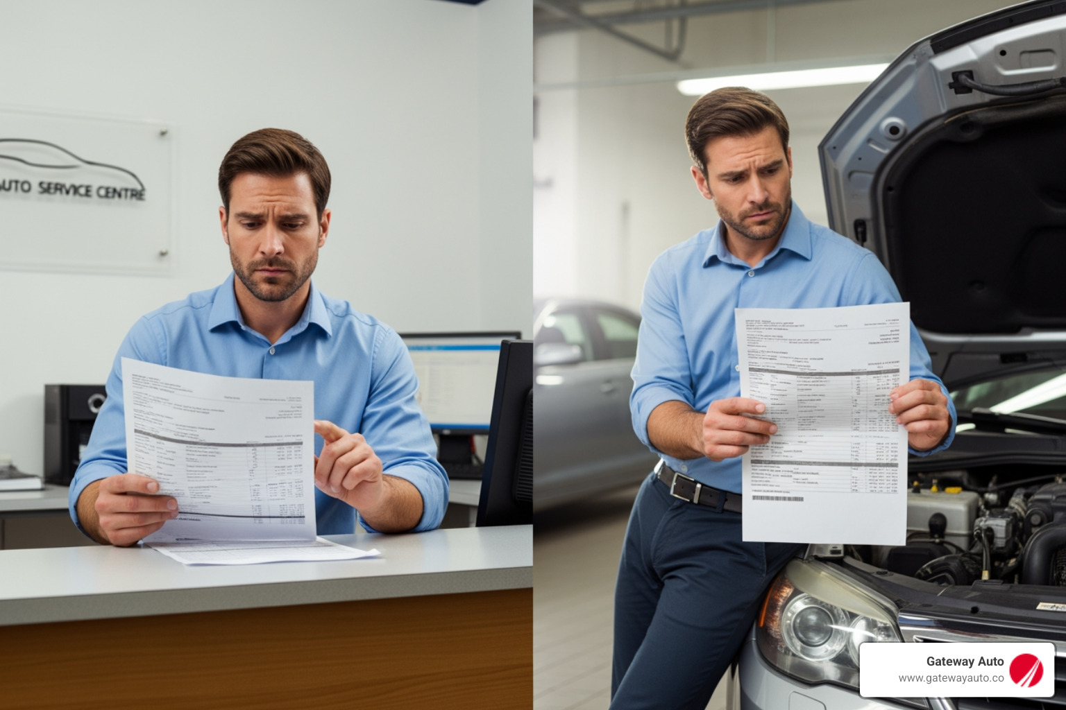 car owner reviewing repair bill - Car maintenance cost