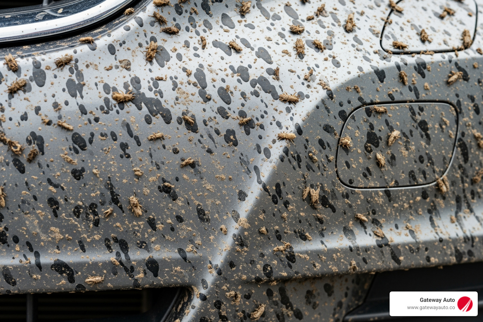 car front bumper covered in bug splatter and tar - Bug and tar removal