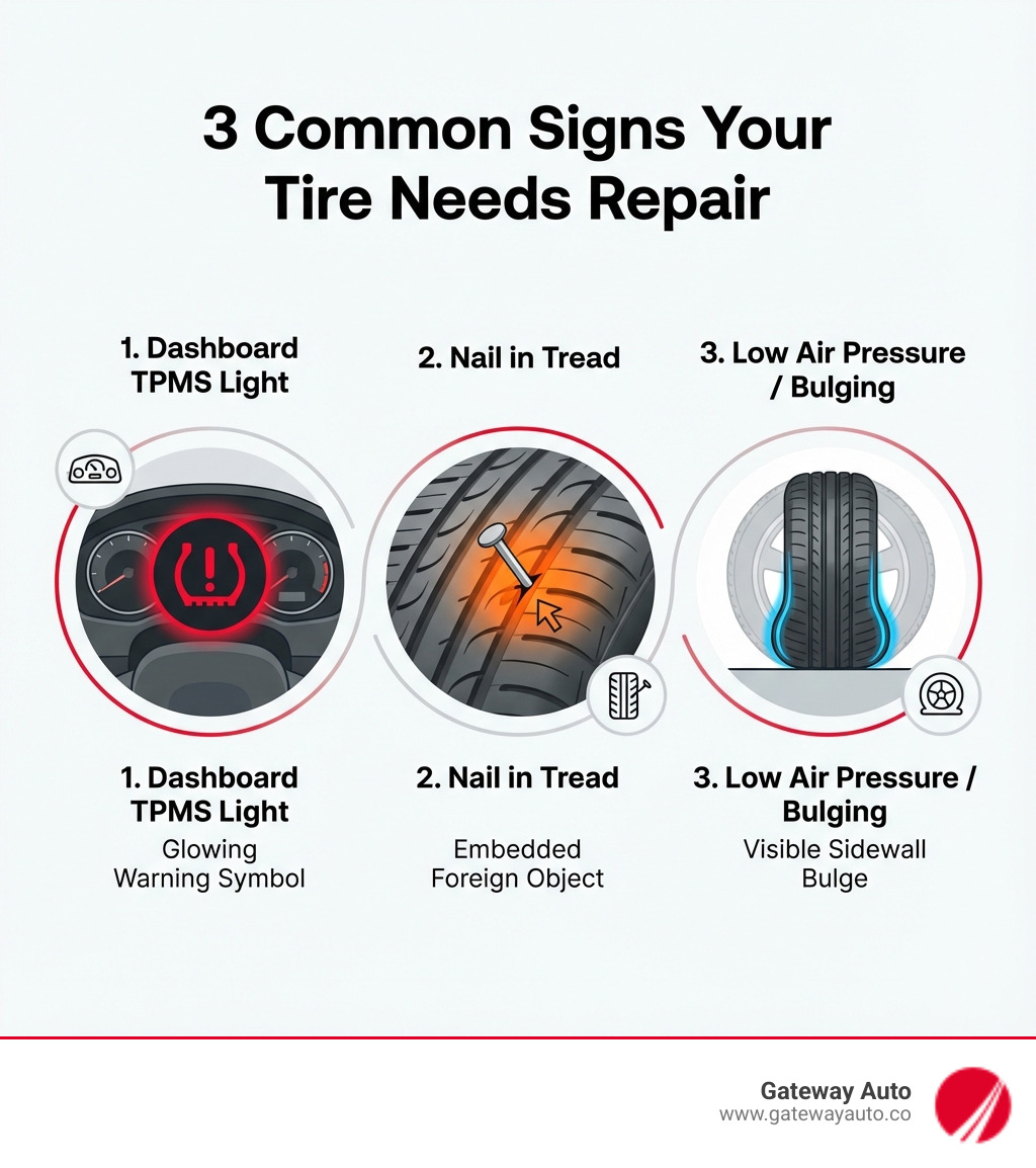 Infographic showing the three most common signs a tire needs repair: a glowing TPMS warning light on a dashboard, a close-up of a nail embedded in tire tread, and a tire with visible low air pressure causing the sidewall to bulge - tire repair omaha infographic 