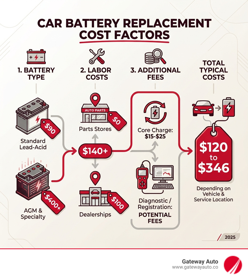Infographic showing the key cost factors for car battery replacement: battery type ranges from $90 for standard lead-acid to $400+ for AGM and specialty batteries, labor costs from $0 at parts stores to $100 at dealerships, plus additional fees including $15-$25 core charge and potential diagnostic or battery registration fees, with total typical costs ranging from $120 to $346 depending on vehicle and service location - Battery replacement cost infographic Infographic showing the key cost factors for car battery replacement: battery type ranges from $90 for standard lead-acid to $400+ for AGM and specialty batteries, labor costs from $0 at parts stores to $100 at dealerships, plus additional fees including $15-$25 core charge and potential diagnostic or battery registration fees, with total typical costs ranging from $120 to $346 depending on vehicle and service location - Battery replacement cost infographic