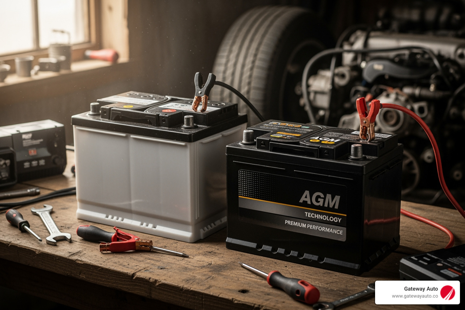 standard lead-acid battery next to a premium AGM battery - Battery replacement cost standard lead-acid battery next to a premium AGM battery - Battery replacement cost