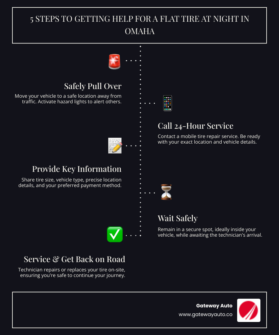 infographic showing 5 steps: 1. Move to a safe location away from traffic, 2. Call 24-hour tire service with your location and vehicle details, 3. Provide information like tire size, vehicle type, and payment method, 4. Wait safely in or near your vehicle for the technician, 5. Technician repairs or replaces tire on-site and you're back on the road - 24 hour tire repair omaha ne infographic infographic-line-5-steps-dark infographic showing 5 steps: 1. Move to a safe location away from traffic, 2. Call 24-hour tire service with your location and vehicle details, 3. Provide information like tire size, vehicle type, and payment method, 4. Wait safely in or near your vehicle for the technician, 5. Technician repairs or replaces tire on-site and you're back on the road - 24 hour tire repair omaha ne infographic infographic-line-5-steps-dark