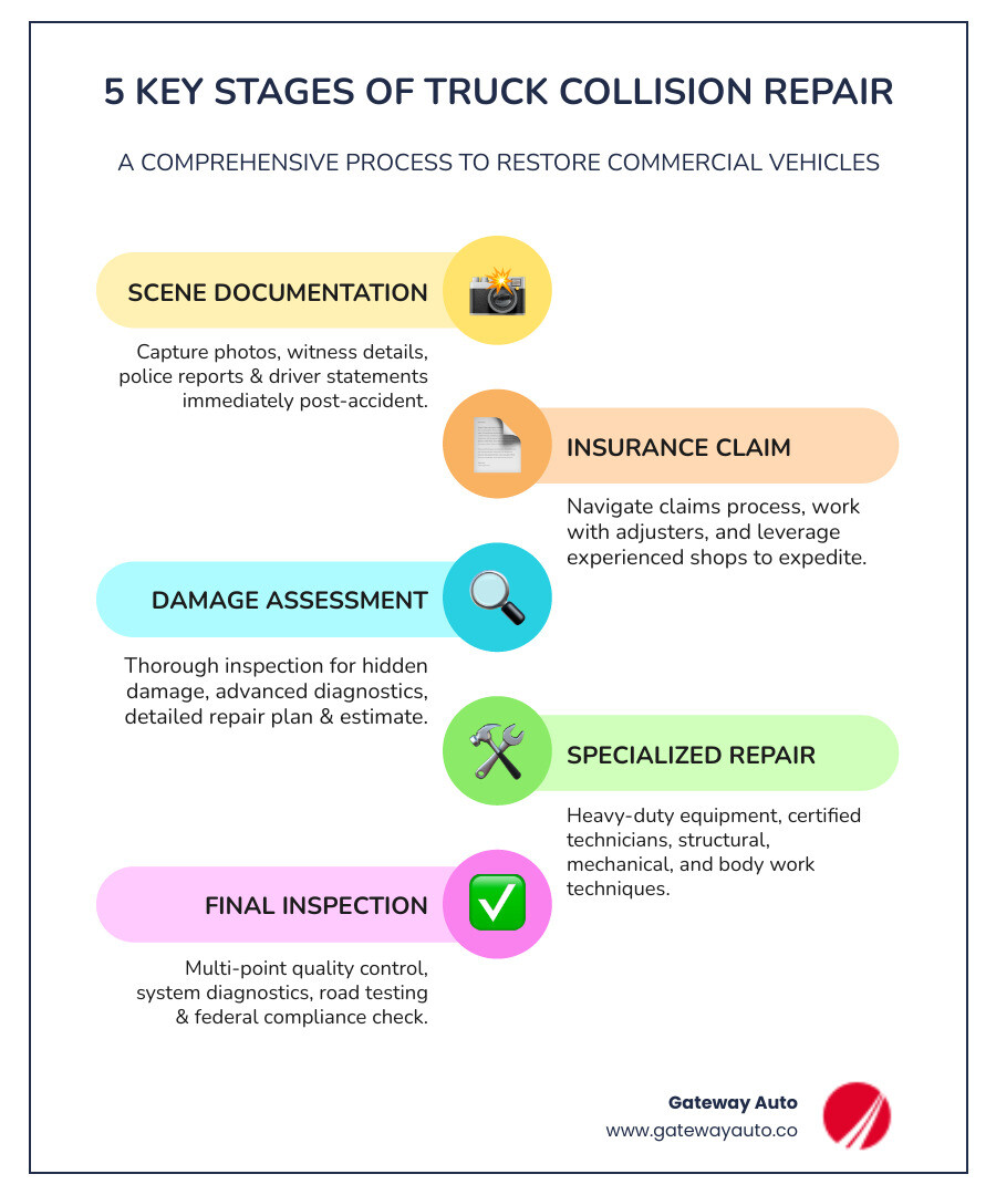 infographic showing the 5 key stages of truck collision repair process from scene documentation through insurance claims damage assessment specialized repair techniques and final inspection with timeline and cost factors - truck collision repair infographic infographic-line-5-steps-colors
