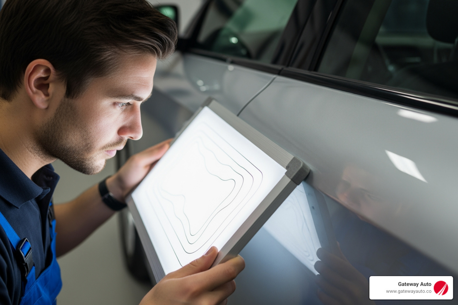 A car repair technician uses a specialized light board to expertly inspect a small dent on a vehicle's body panel, highlighting the subtle contours for precise repair - minor collision repair