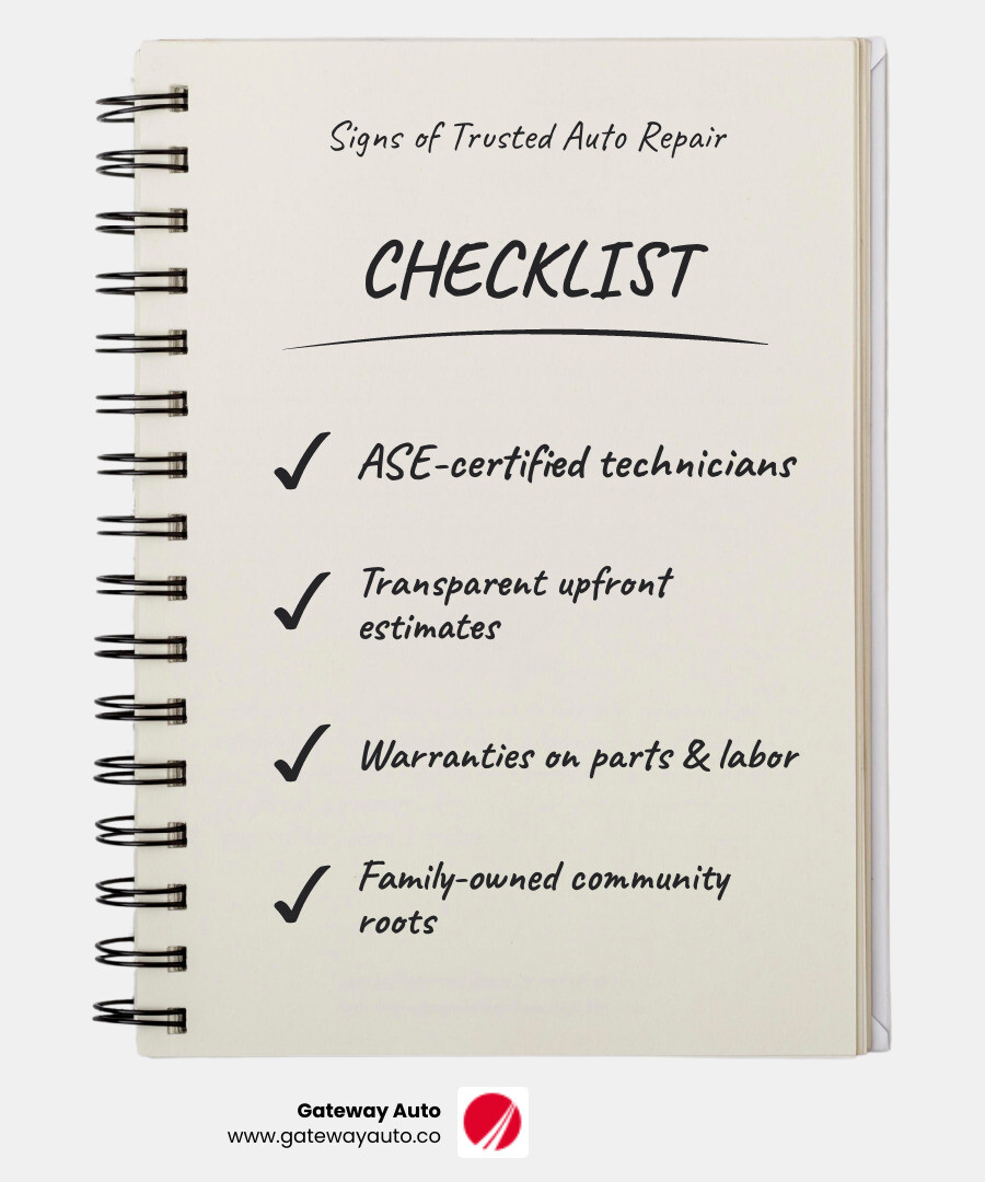 checklist infographic showing key signs of a trustworthy Omaha auto repair shop - trusted auto repair omaha infographic