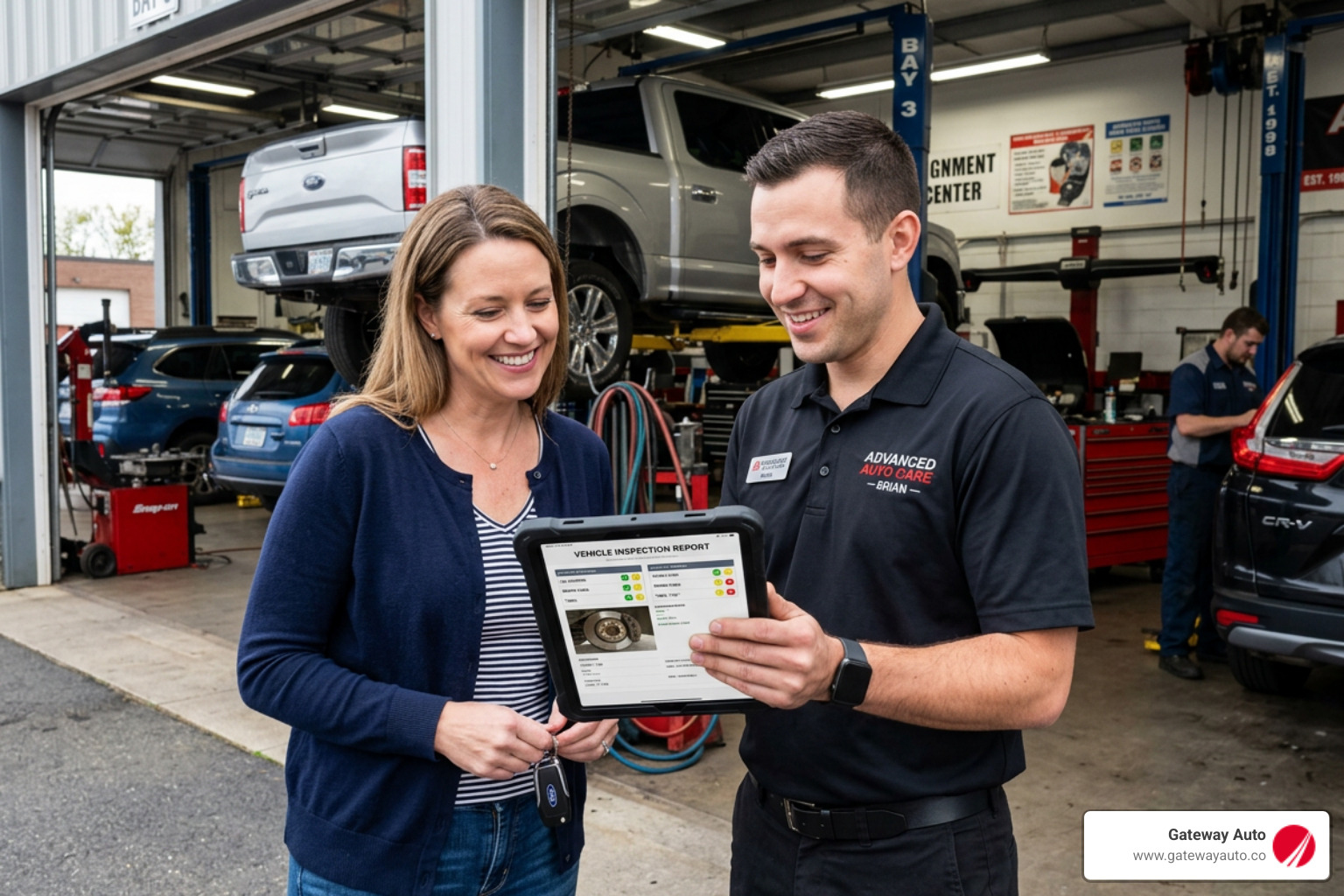 A customer reviewing a digital inspection report on a tablet with a service advisor - Is there a place in Omaha where I can