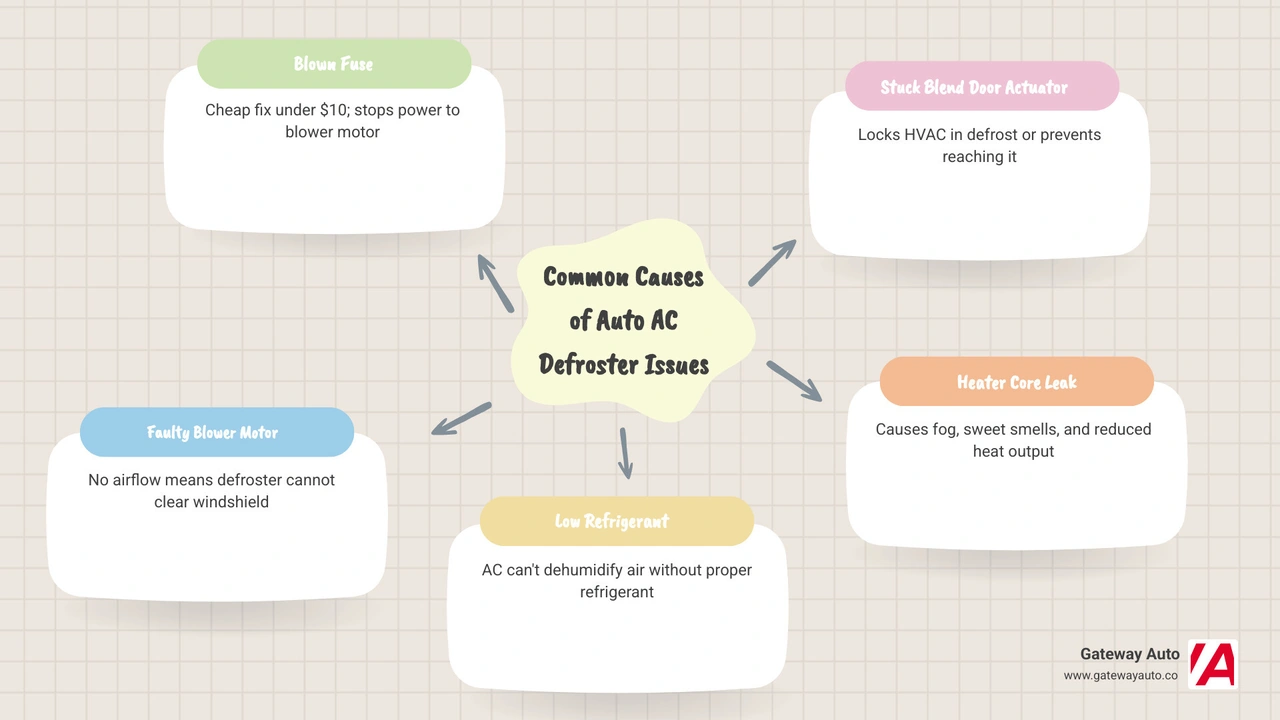 infographic showing the main causes of car defroster failure and quick fixes infographic