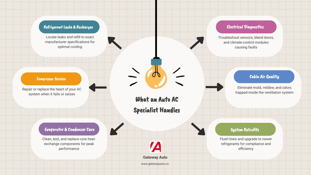 infographic showing what an auto air conditioning specialist does and common AC problems they fix infographic