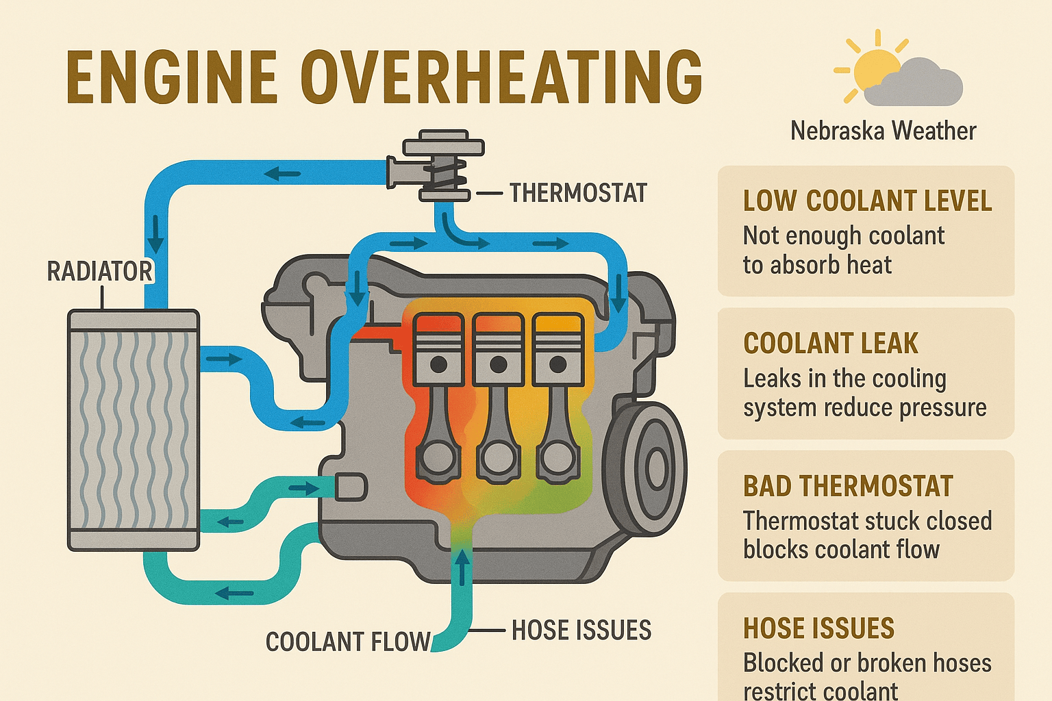 Infographic showing common causes of engine overheating, including radiator, thermostat, and coolant hose locations.