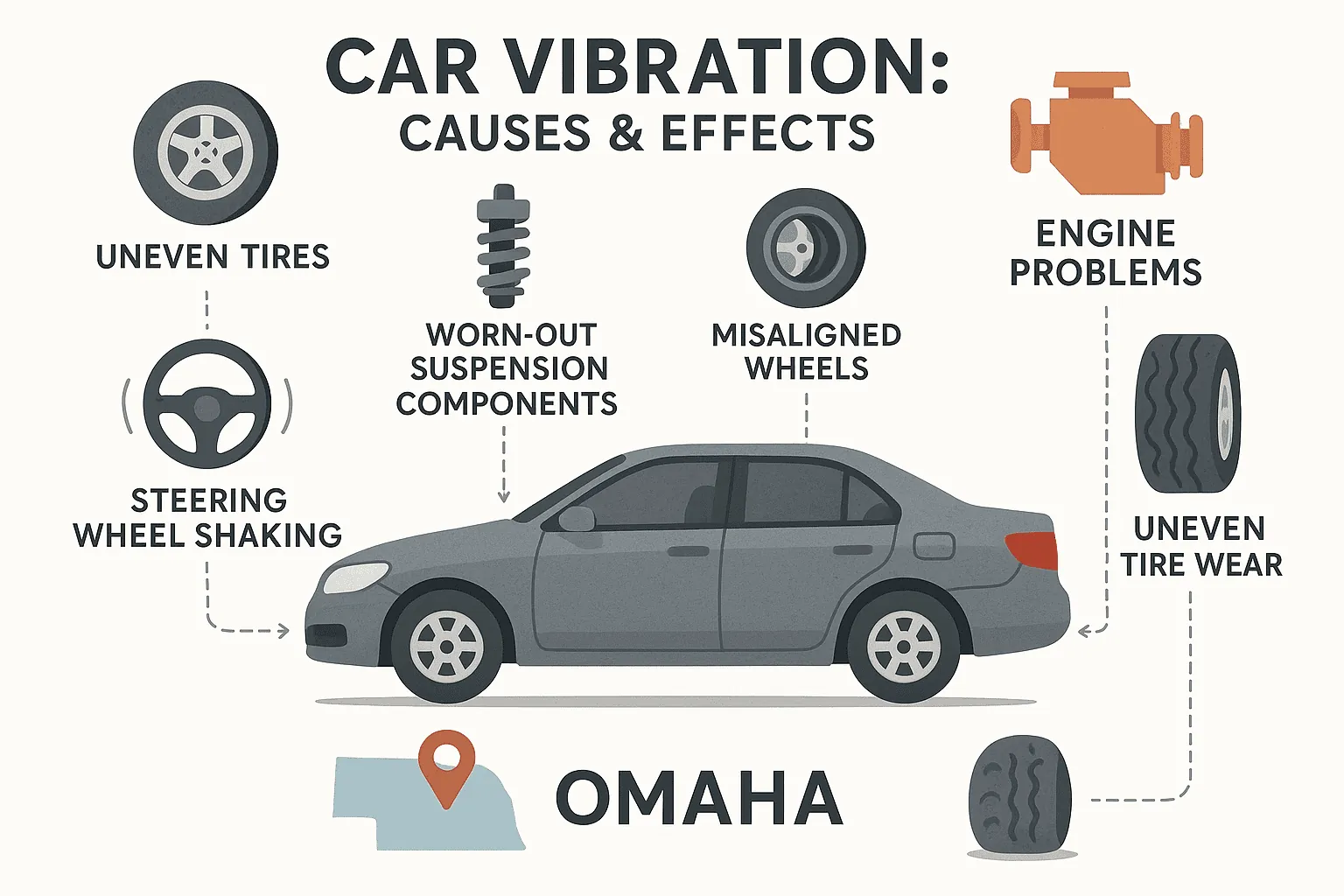 Car vibration causes infographic showing uneven tires, worn suspension, misaligned wheels and engine problems