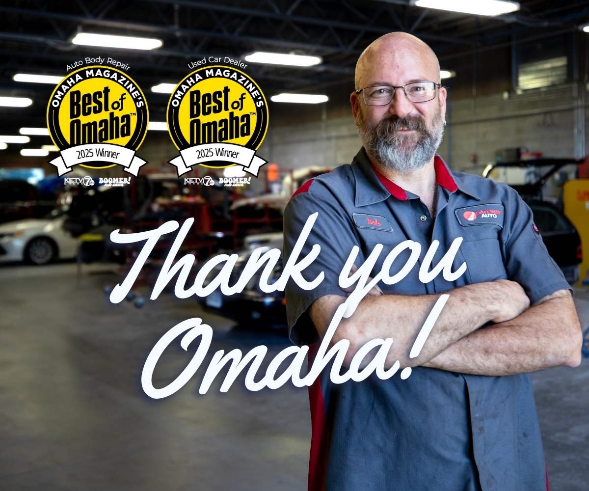 Thank you Omaha graphic with Best of Omaha 2025 awards and a Gateway Auto technician
